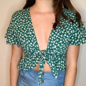Tie Crop Top | Green White Floral Print